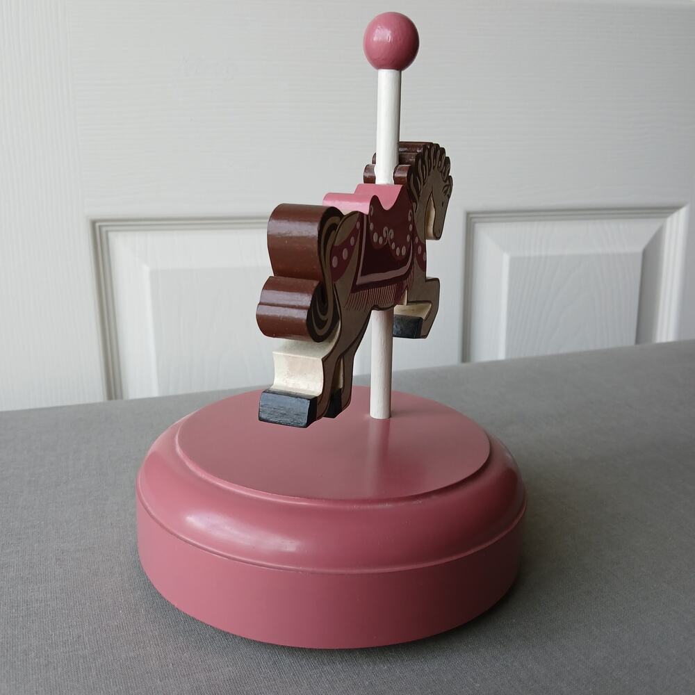 Vintage Handmade Wooden Carousel Horse Music Box pink "Dancer" 5"diameter 7.5"H - Picture 2 of 10